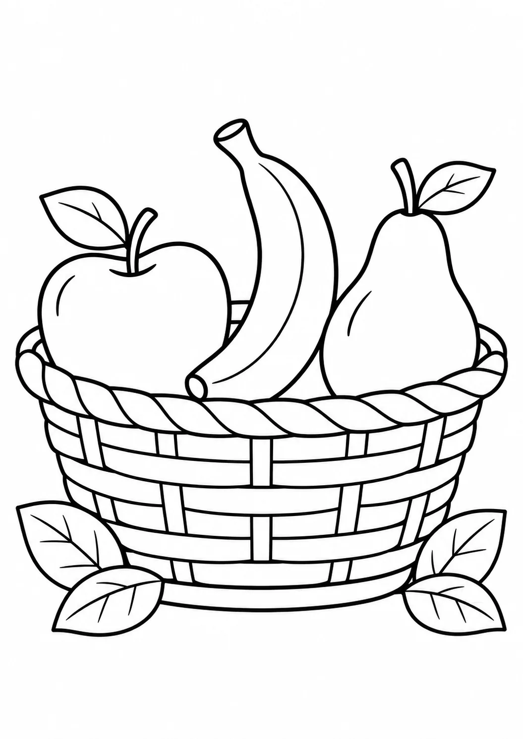 Cesta com maçã, banana, pera e folhas grandes para crianças pequenas colorirem