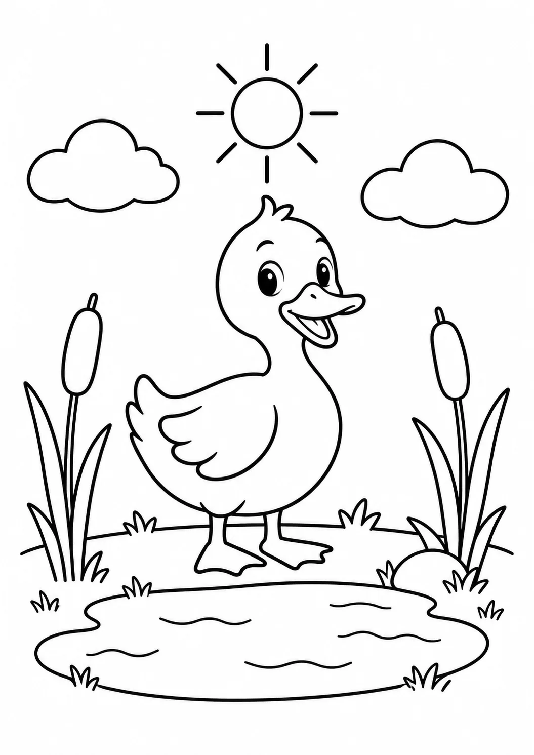 Pato com olhos grandes em um lago, com juncos, grama, sol e nuvens para colorir