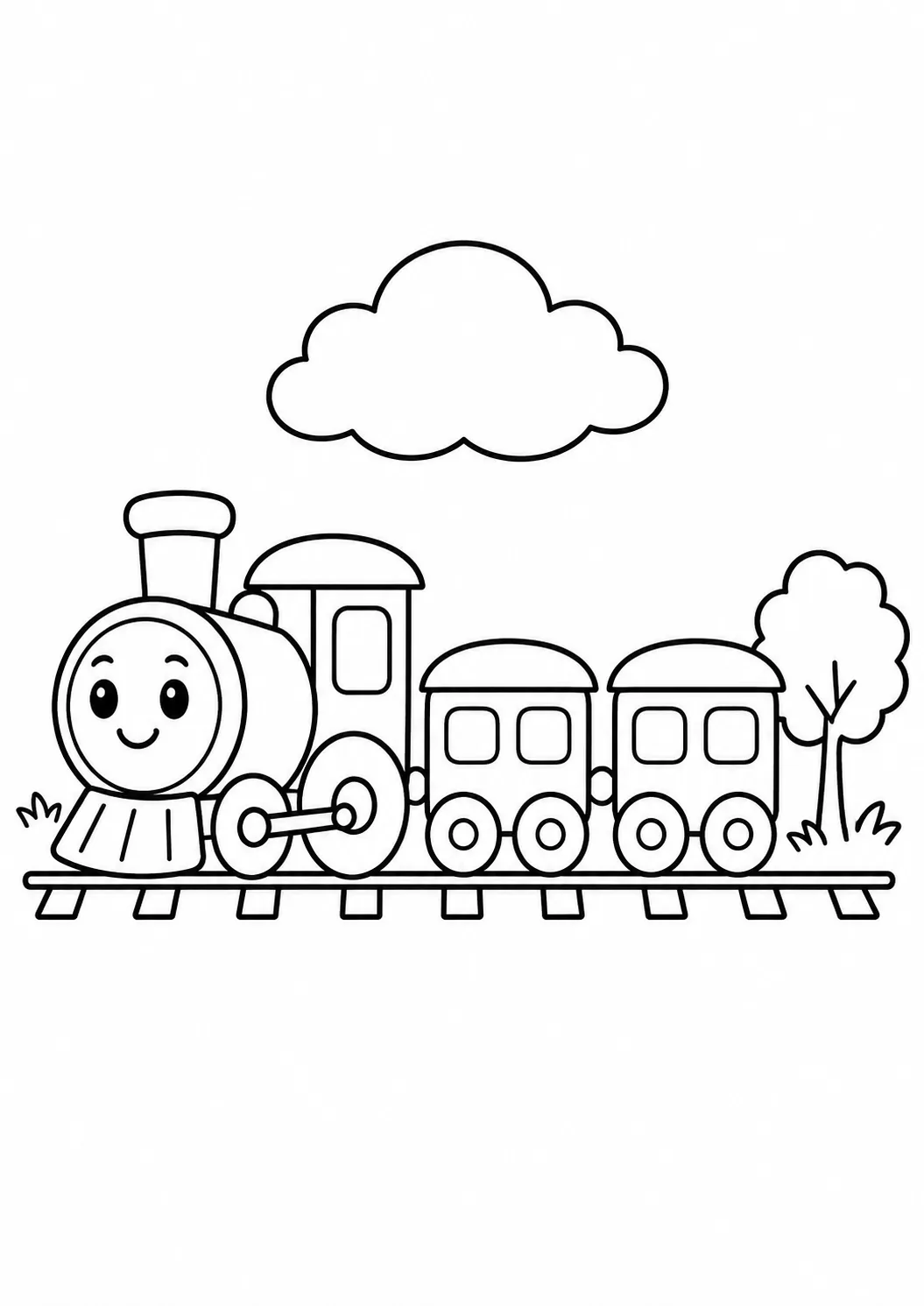 Trem de brinquedo com locomotiva, dois vagões, trilho, árvore e nuvem para colorir