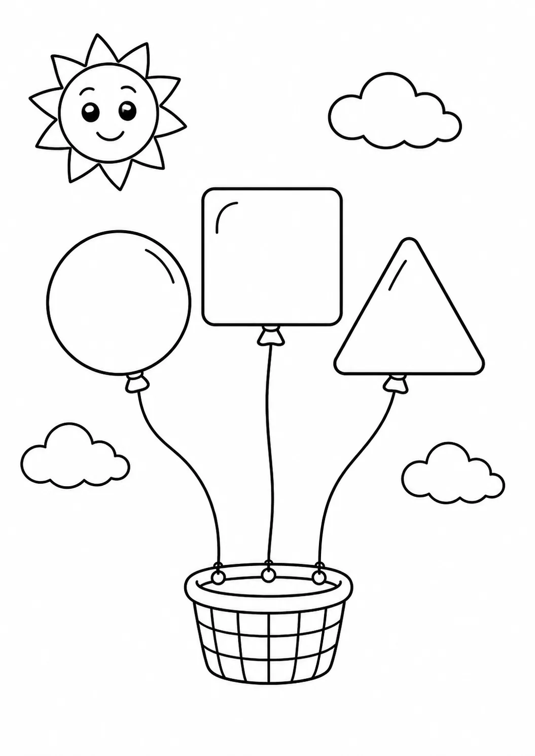 Três balões redondo, quadrado e triangular com sol e cesta para colorir