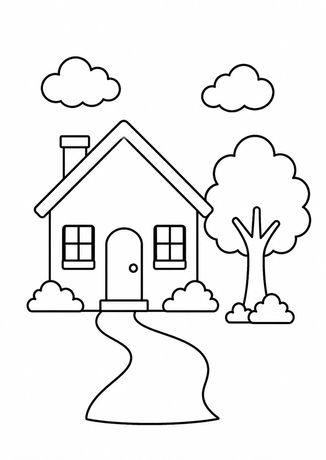 Casinha com telhado, árvore, nuvens e caminho completo para colorir