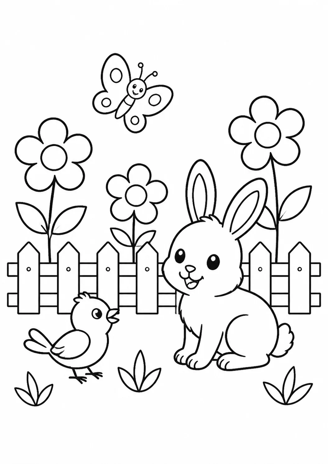 Coelho, passarinho, borboleta, flores e cerca em um jardim para colorir