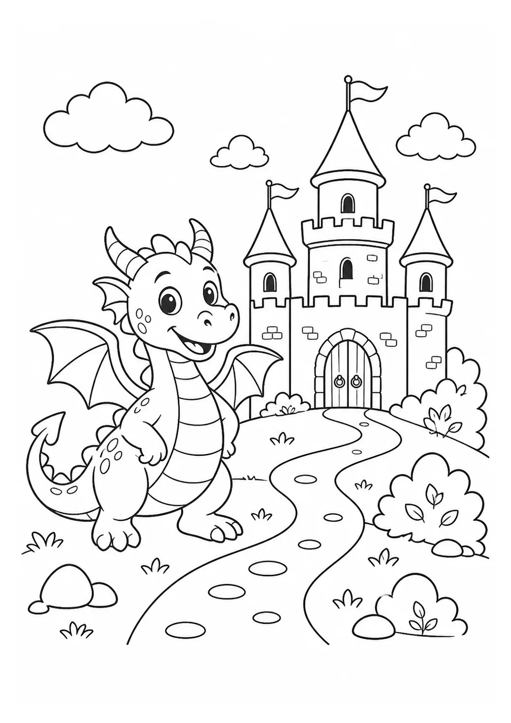 Dragão amigável ao lado de um castelo com torres, caminho e nuvens para colorir