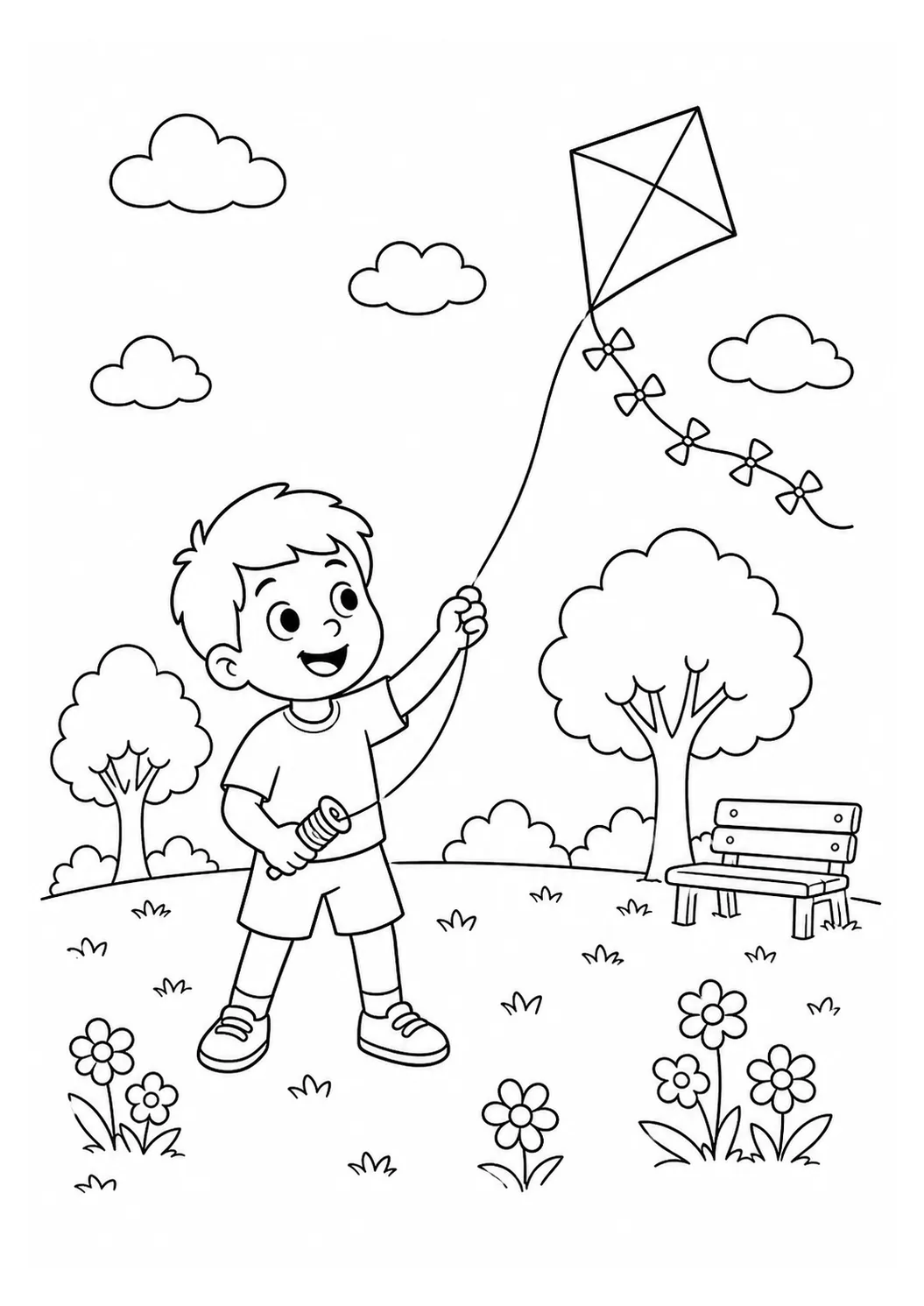 Criança soltando pipa em um parque com árvores, banco e flores para colorir