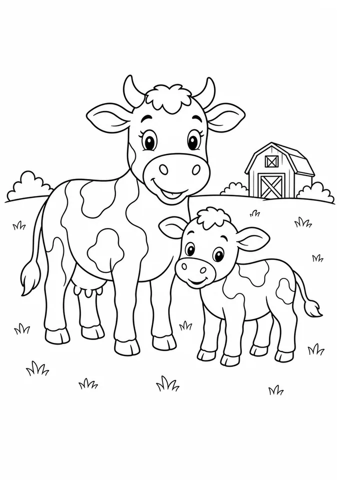 Vaca e bezerro no campo da fazenda para colorir