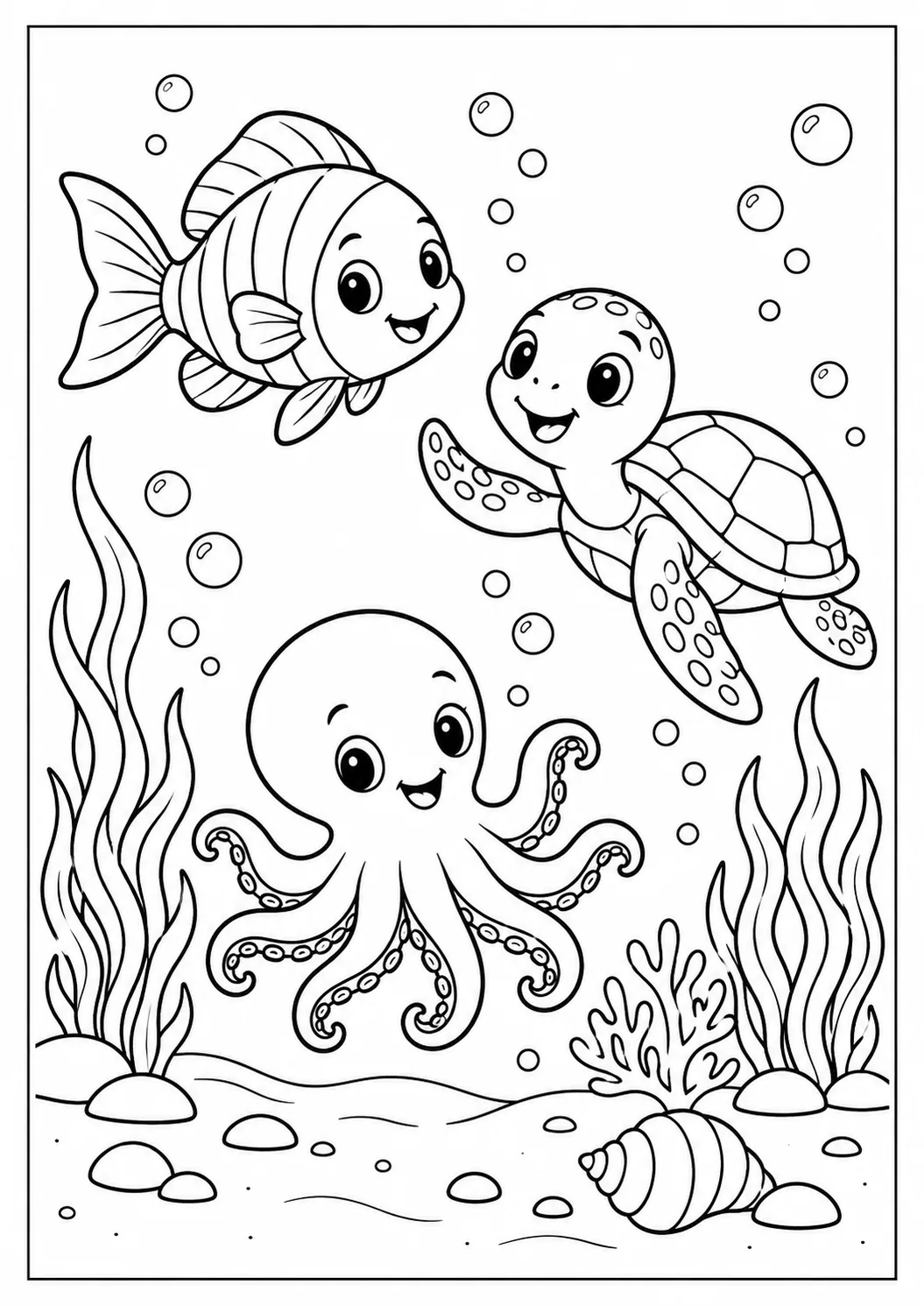 Peixe, tartaruga e polvo em uma cena do fundo do mar para colorir