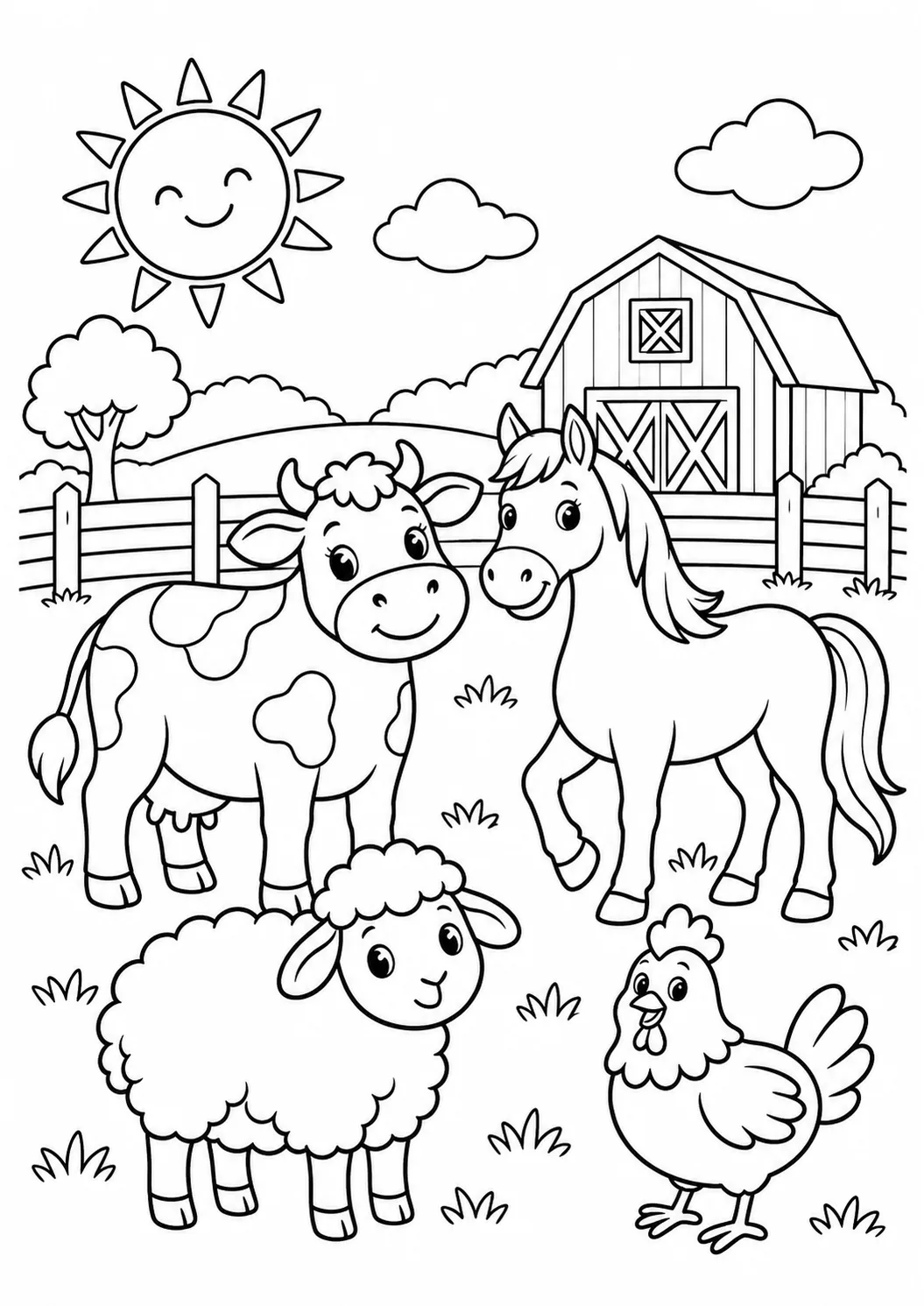 Vaca, cavalo, ovelha e galinha em uma fazenda com celeiro para colorir