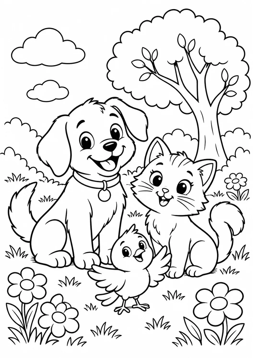 Cachorro, gato e passarinho em um jardim com árvore e flores para colorir
