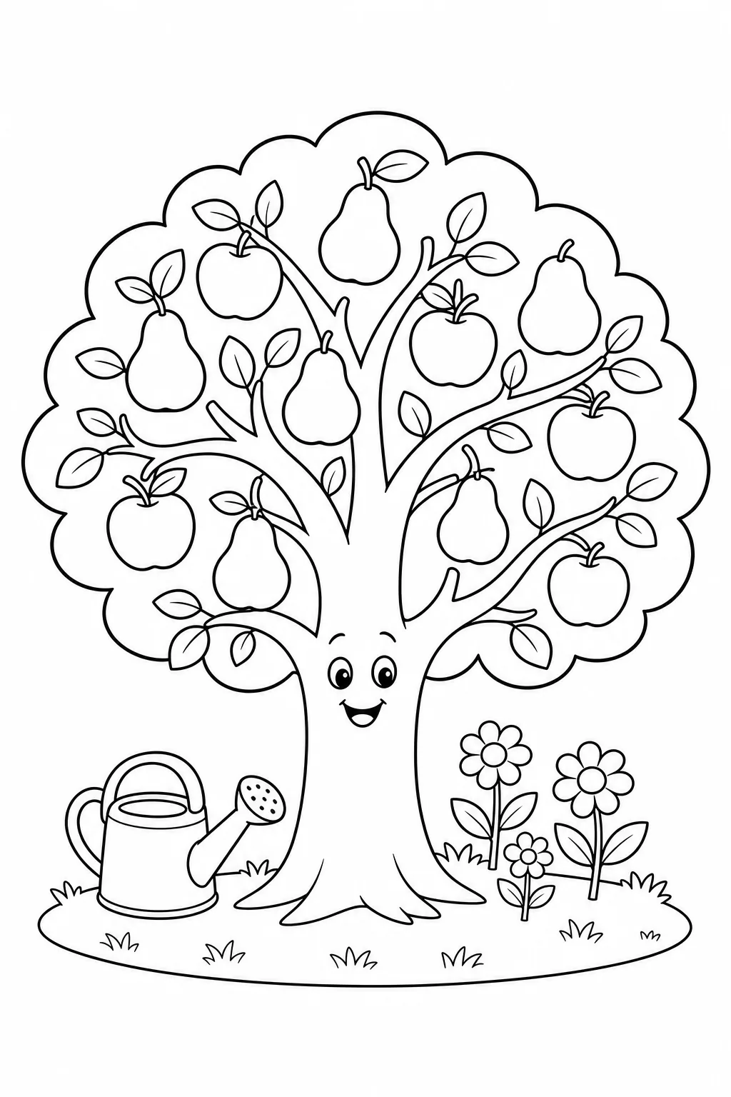 Árvore frutífera com maçãs, peras, regador e flores no jardim para colorir