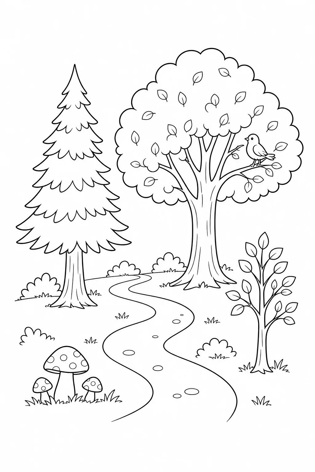 Floresta com pinheiro, árvore frondosa, árvore jovem, passarinho e caminho para colorir