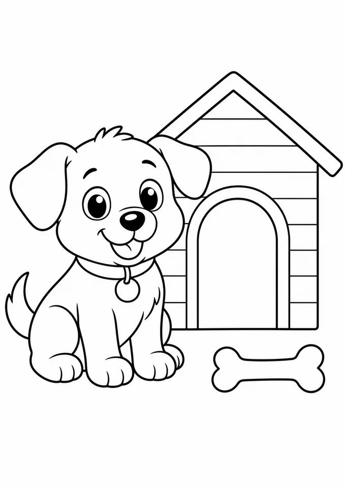 Cachorro ao lado da casinha para colorir