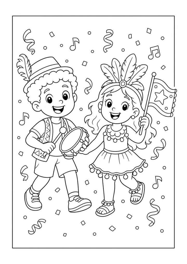 Duas crianças completas com tamborim, bandeira, notas musicais e confetes para colorir