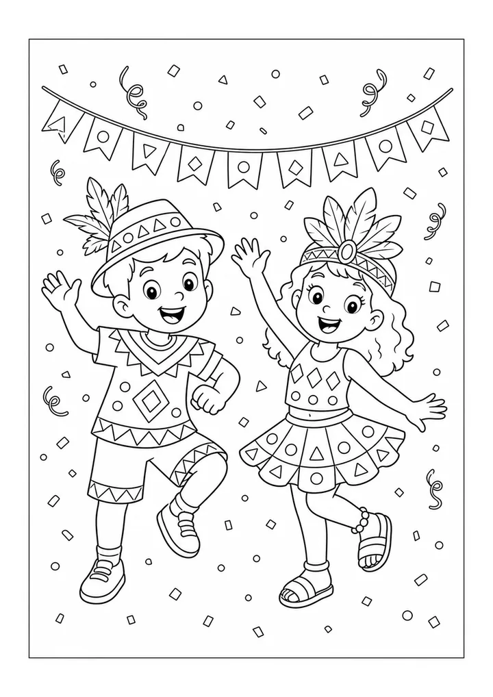 Duas crianças completas dançando Carnaval com fantasias, bandeirinhas e confetes para colorir