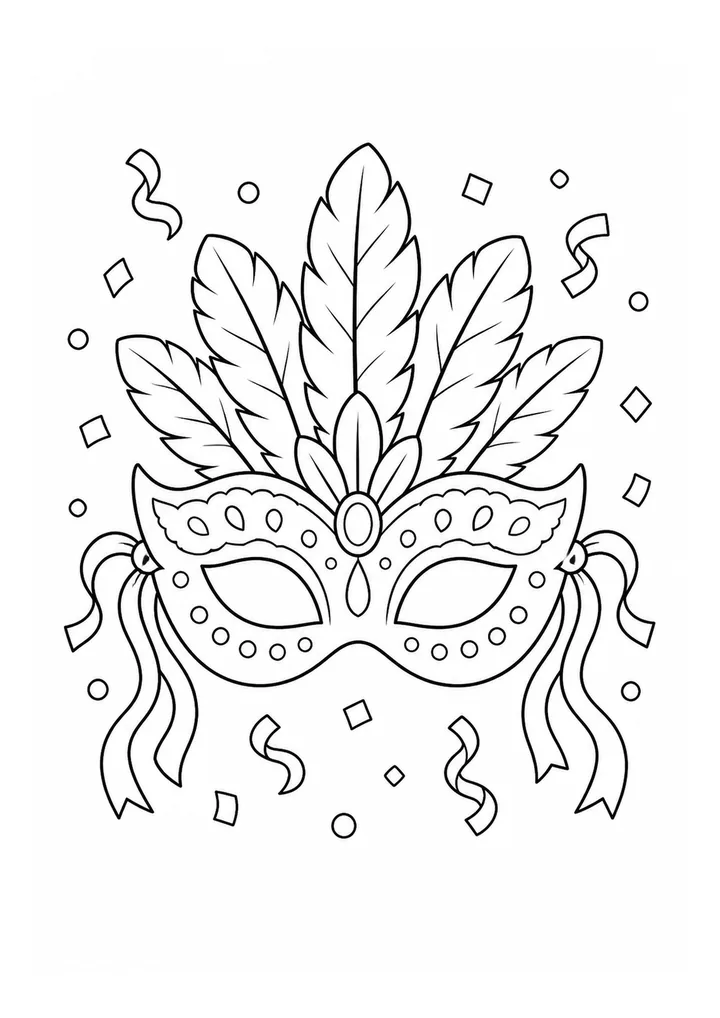 Máscara de Carnaval completa com penas, fitas e confetes para colorir
