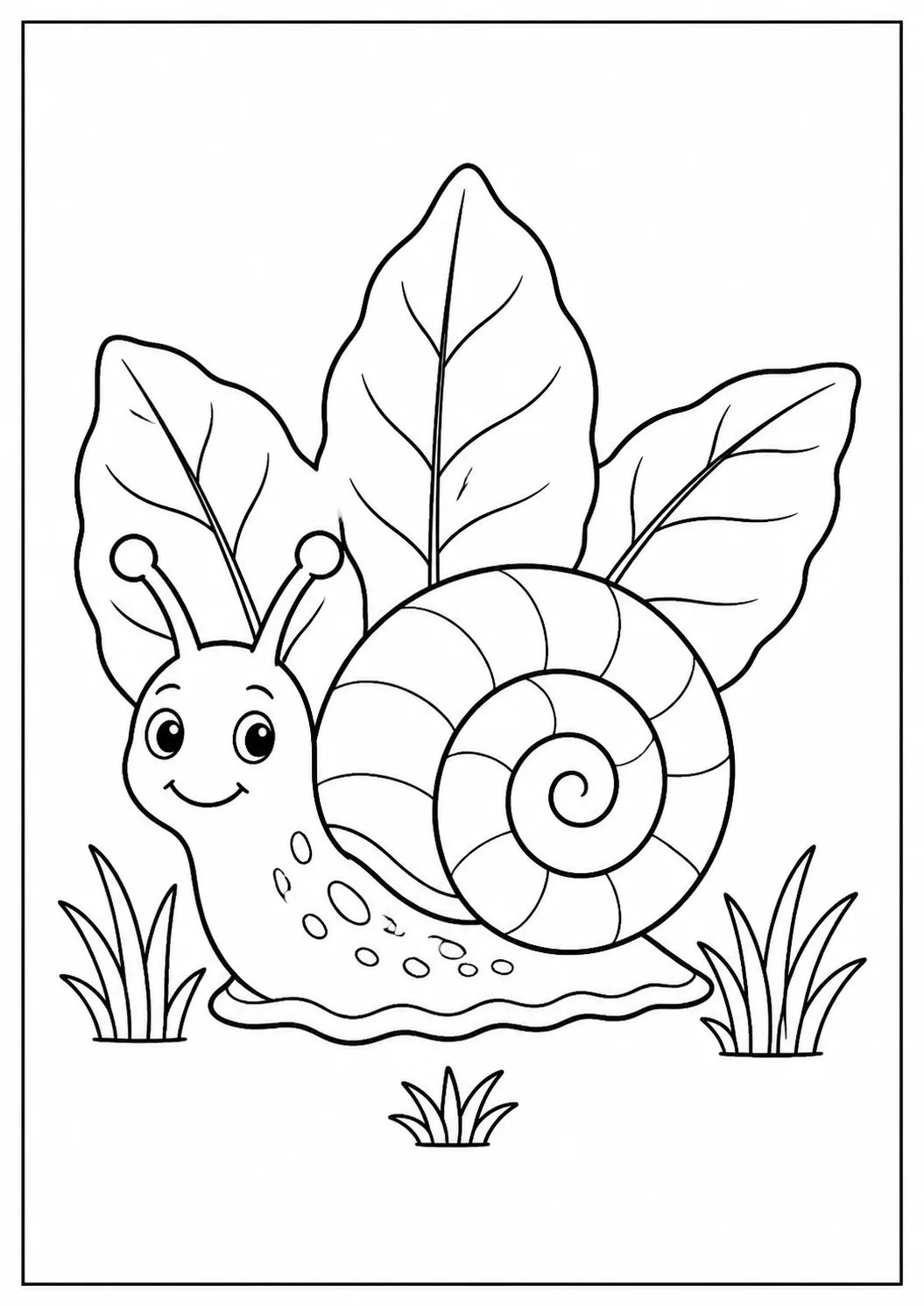 Caracol com casca em espiral, folhas grandes e grama para colorir