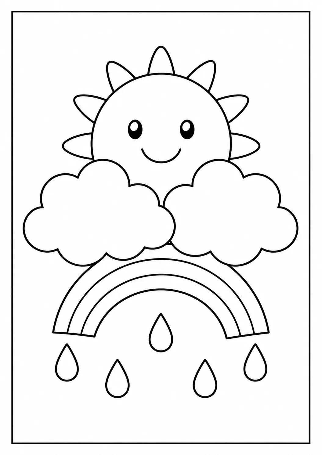 Sol sorridente atrás de duas nuvens, com arco-íris e gotas de chuva para colorir