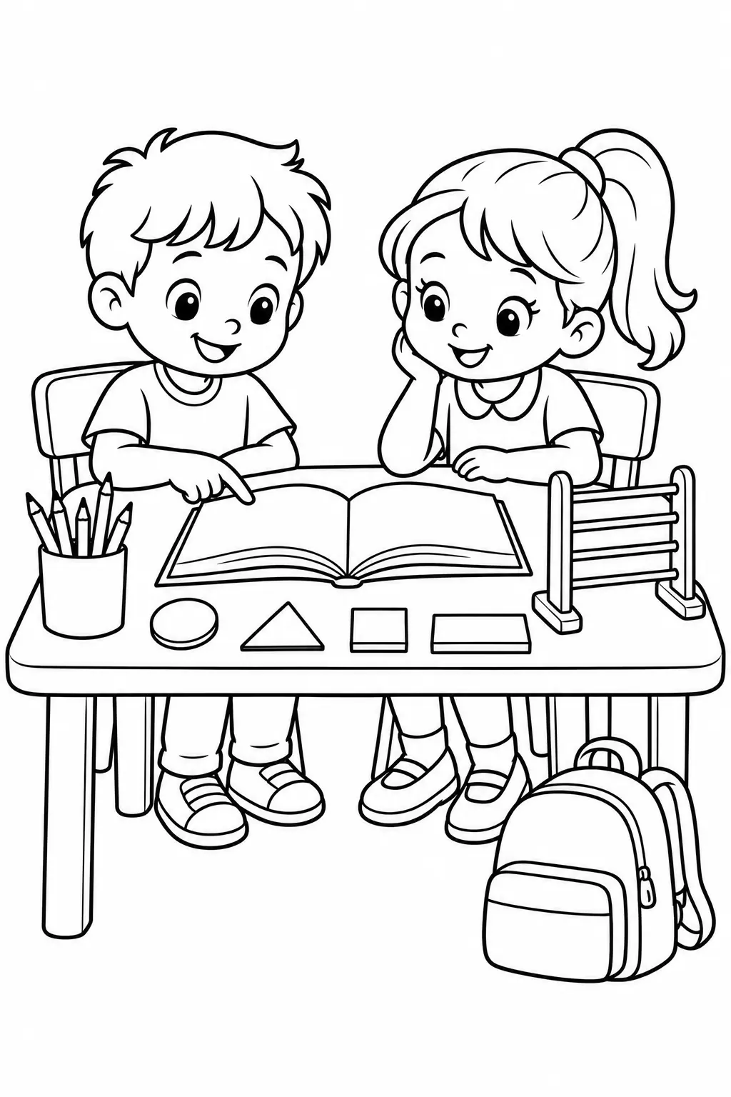 Duas crianças com livro, formas geométricas, lápis e ábaco em uma mesa para colorir