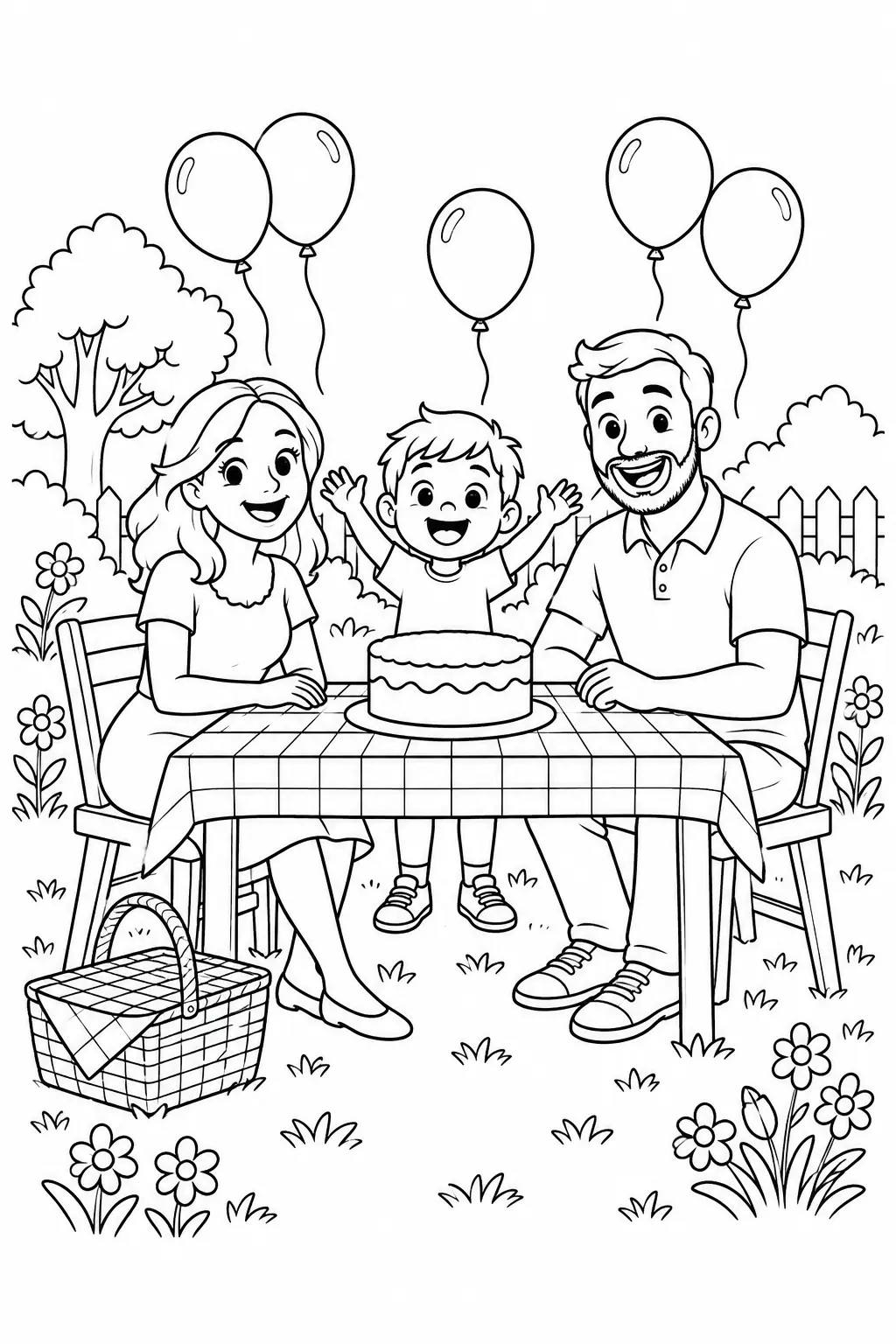 Família reunida em um piquenique com bolo, balões e flores para colorir