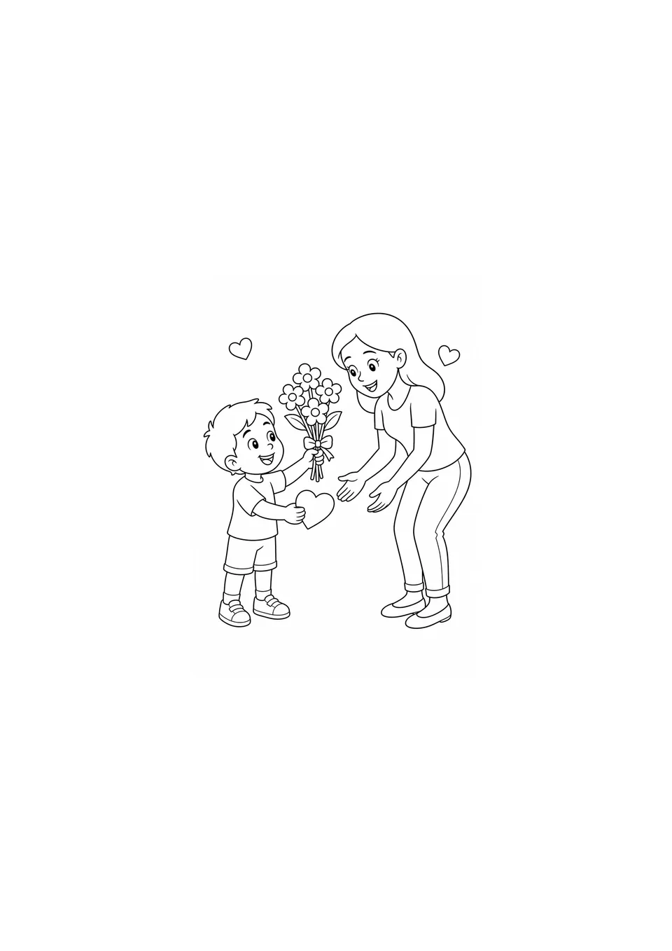 Criança entregando à mãe um buquê de cinco flores e um cartão em forma de coração para colorir