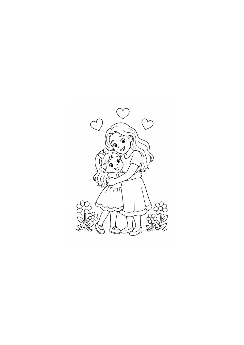 Mãe e criança completas se abraçando entre flores e três corações para colorir