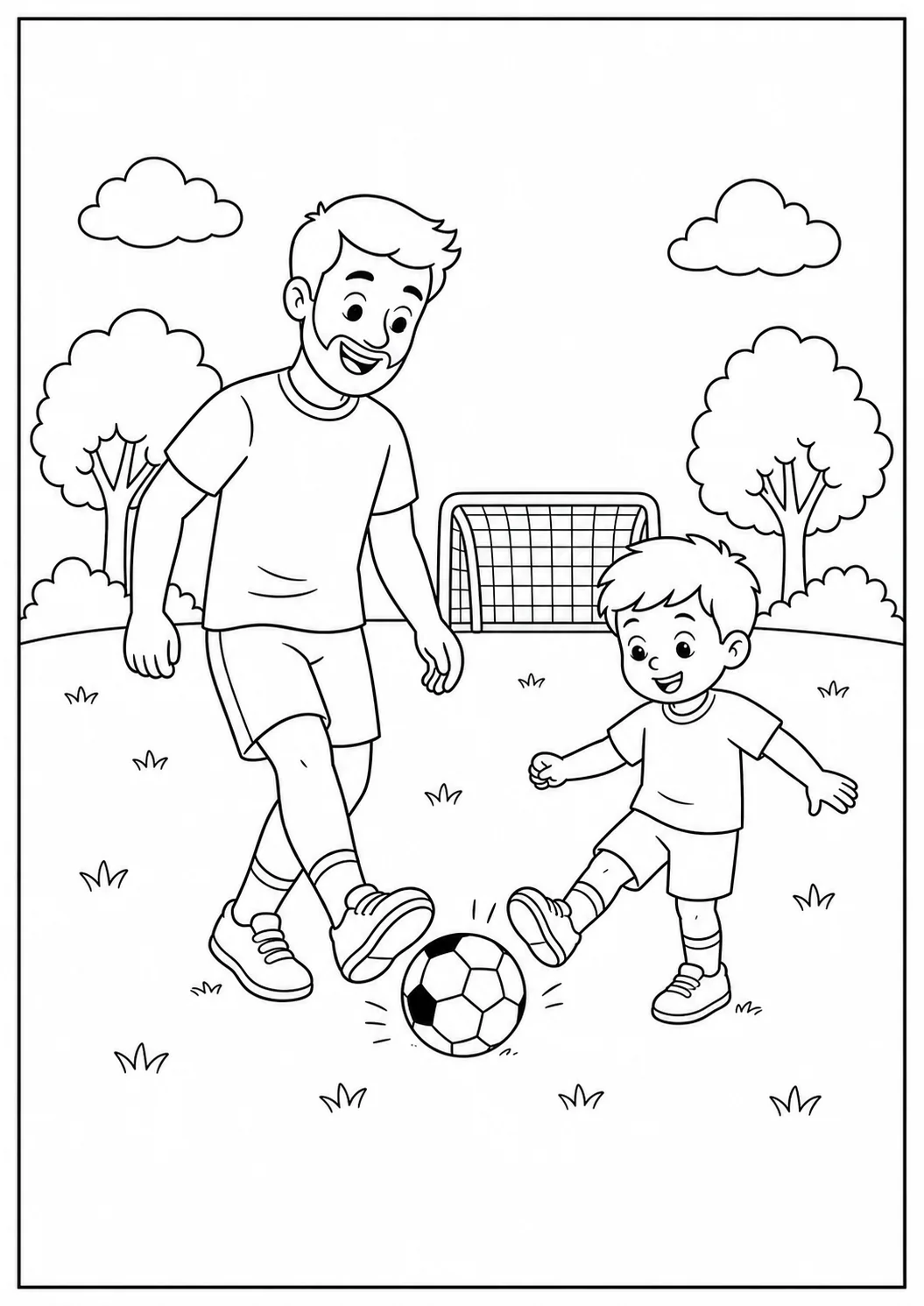 Pai e filho completos jogando futebol em um campo com trave, árvores e nuvens para colorir