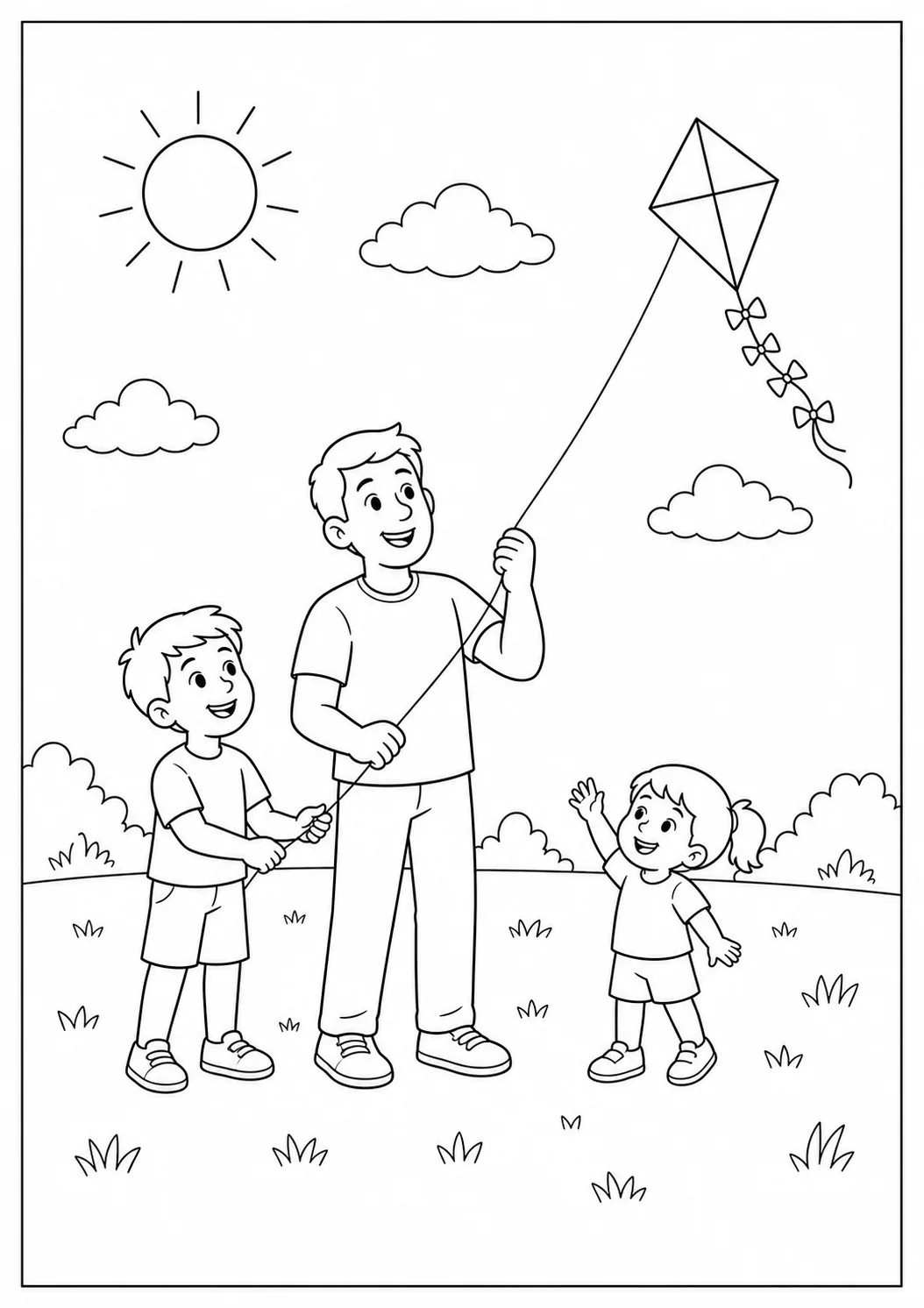 Pai e dois filhos completos soltando uma pipa em um campo com sol, nuvens e grama para colorir