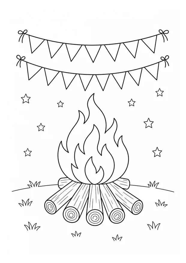 Fogueira com lenha, estrelas, grama e duas fileiras de bandeirinhas para colorir
