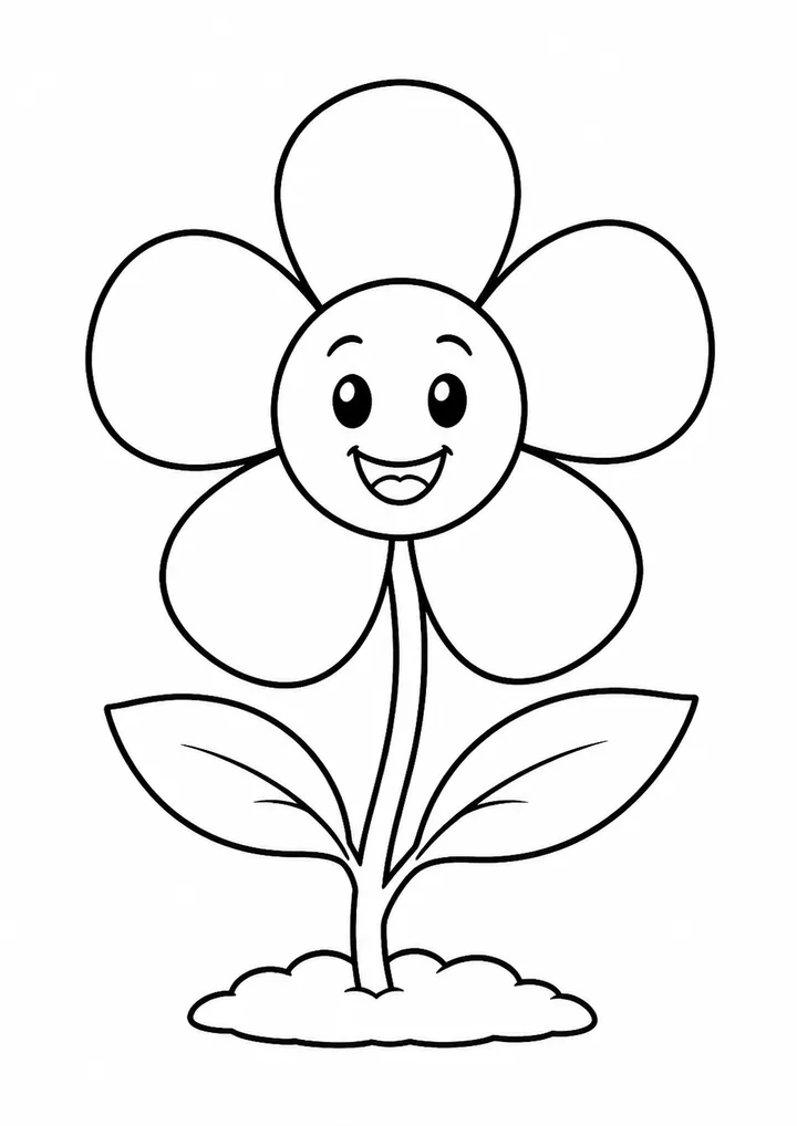Flor simples com cinco pétalas, folhas e caule para colorir