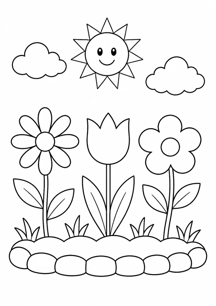 Pequeno jardim com três flores, folhas, sol e nuvens para colorir