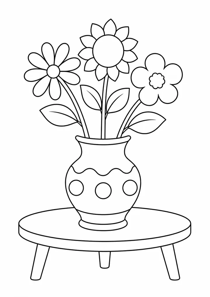 Vaso decorado com três flores completas sobre uma mesa para colorir