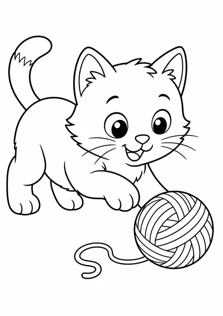 Gatinho brincando com novelo para colorir