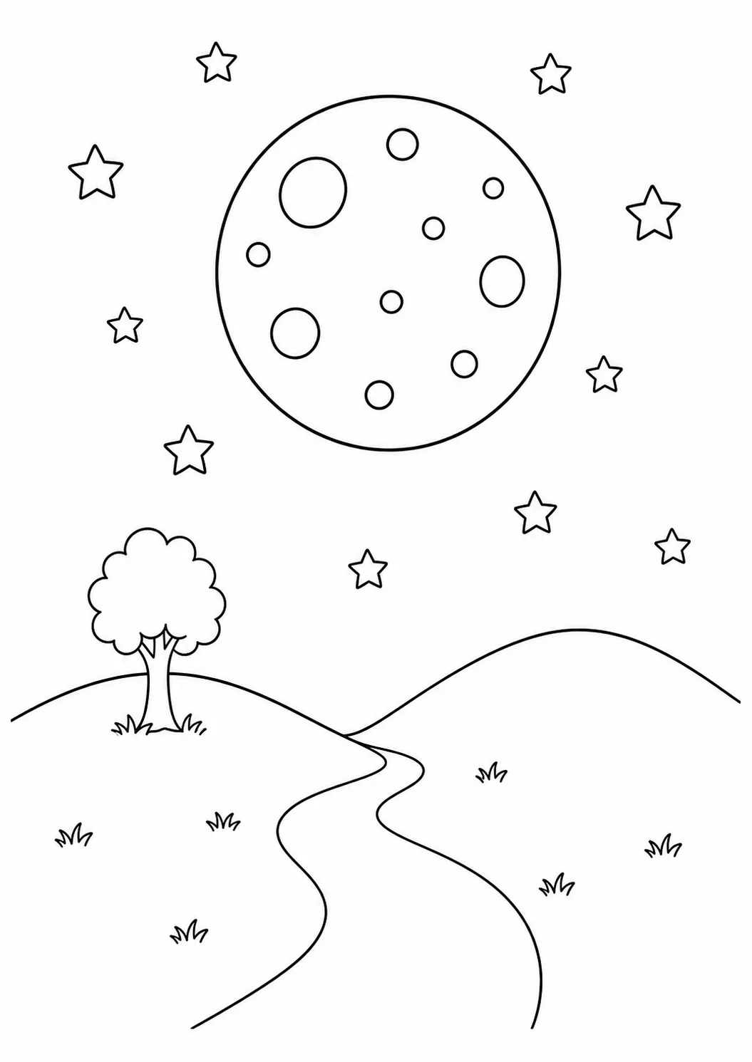 Lua cheia com crateras, estrelas, árvore, morros e caminho para colorir