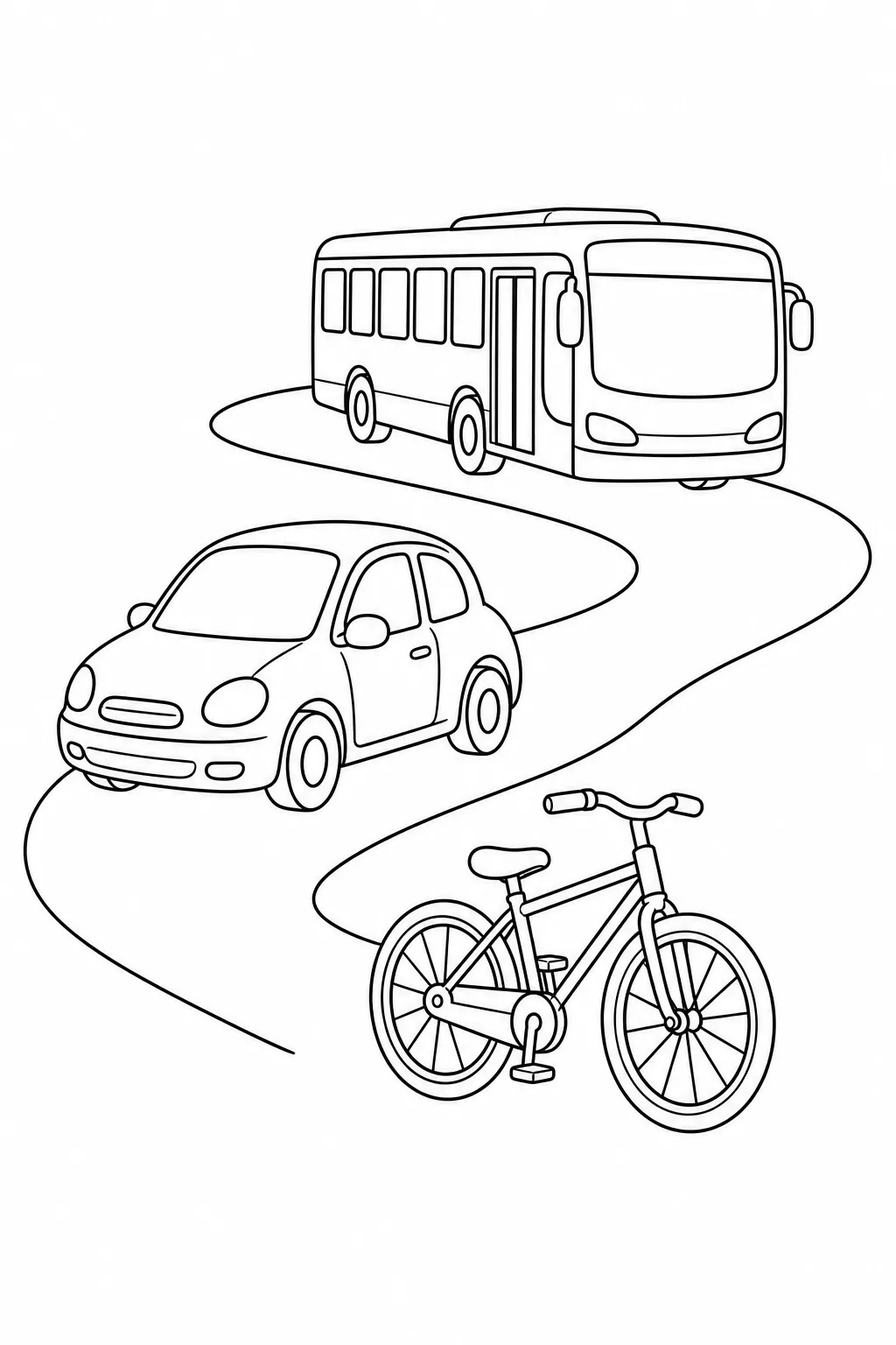 Ônibus, carro e bicicleta completos em uma estrada para colorir