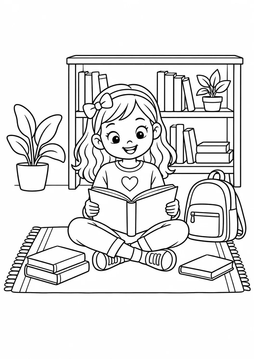 Menina sentada lendo um livro, com estante, mochila e outros livros para colorir