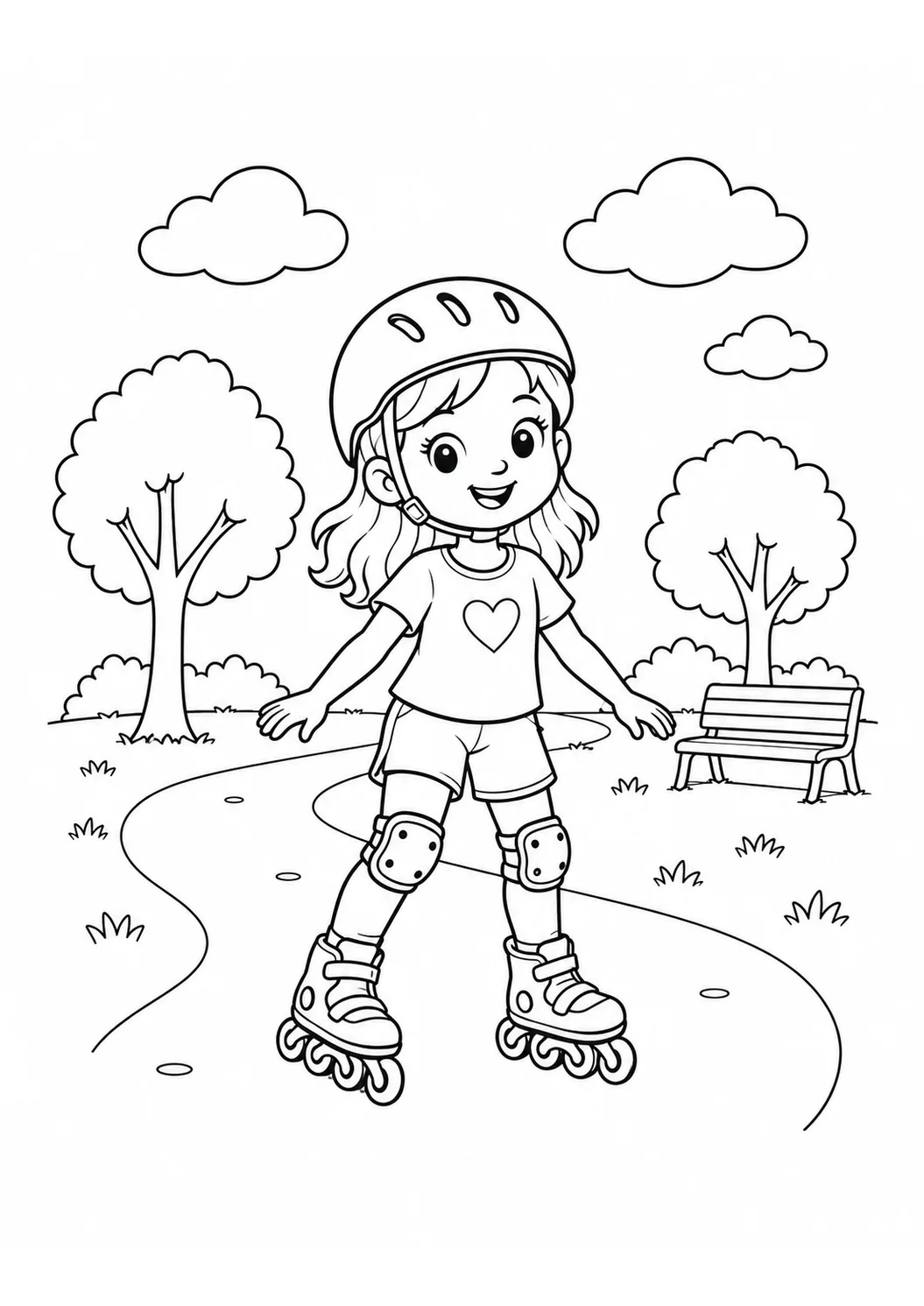 Menina usando capacete, joelheiras e patins em um parque com árvores e banco para colorir