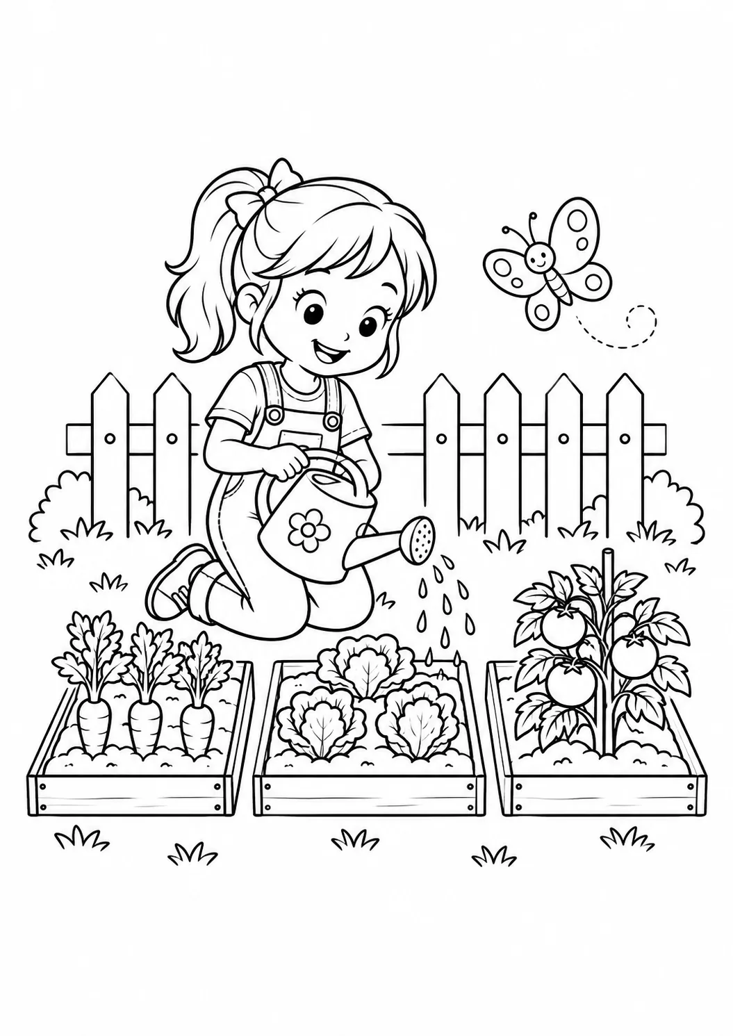 Menina regando uma horta com cenouras, folhas, tomates, borboleta e cerca para colorir