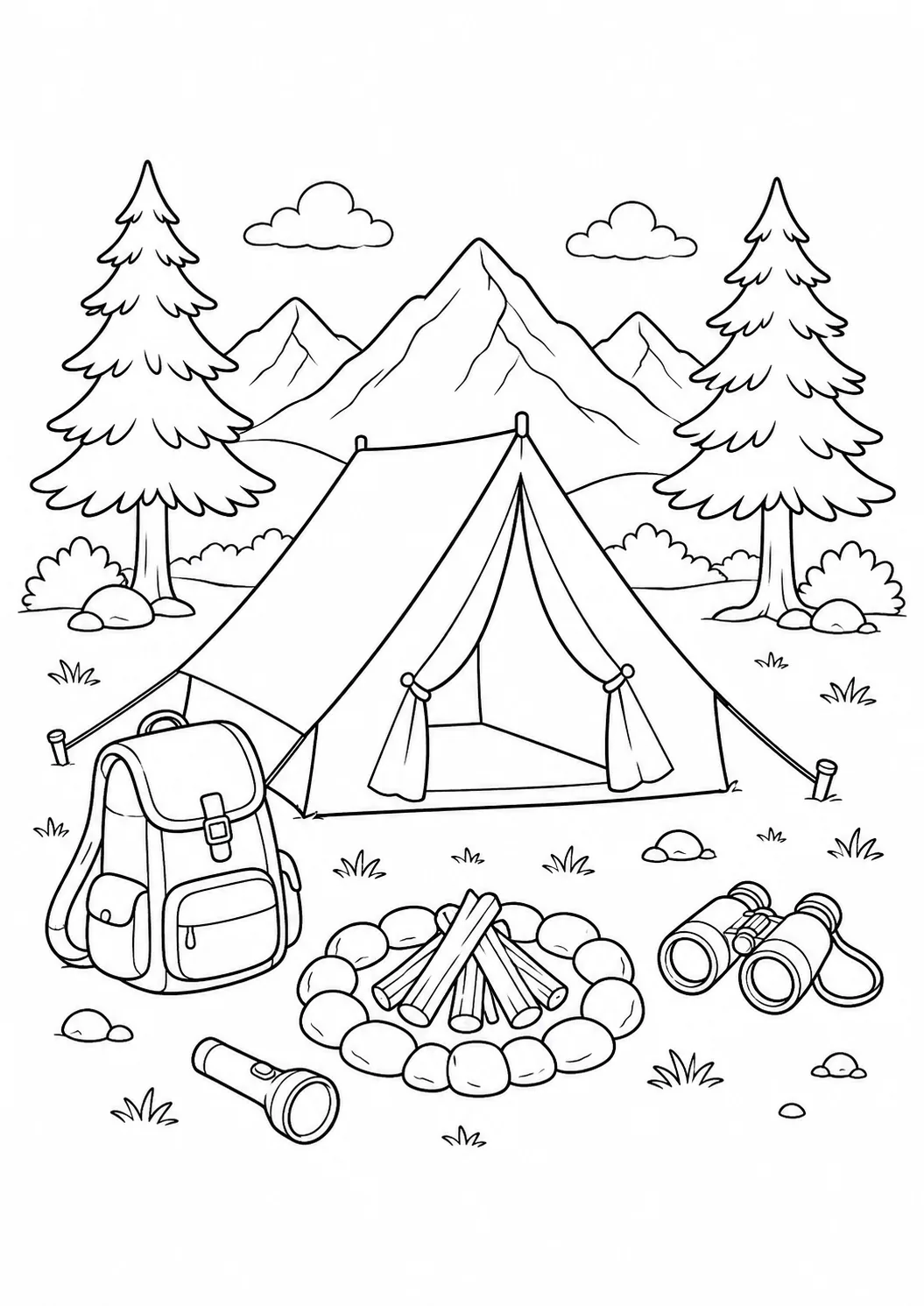 Acampamento com barraca, mochila, binóculo e montanhas para colorir