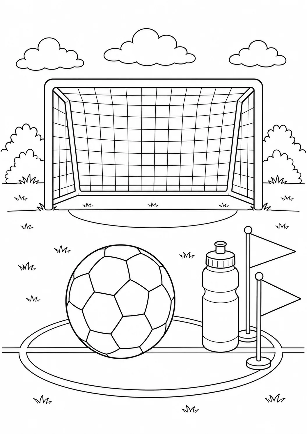 Bola de futebol diante de uma trave com garrafa e bandeiras para colorir