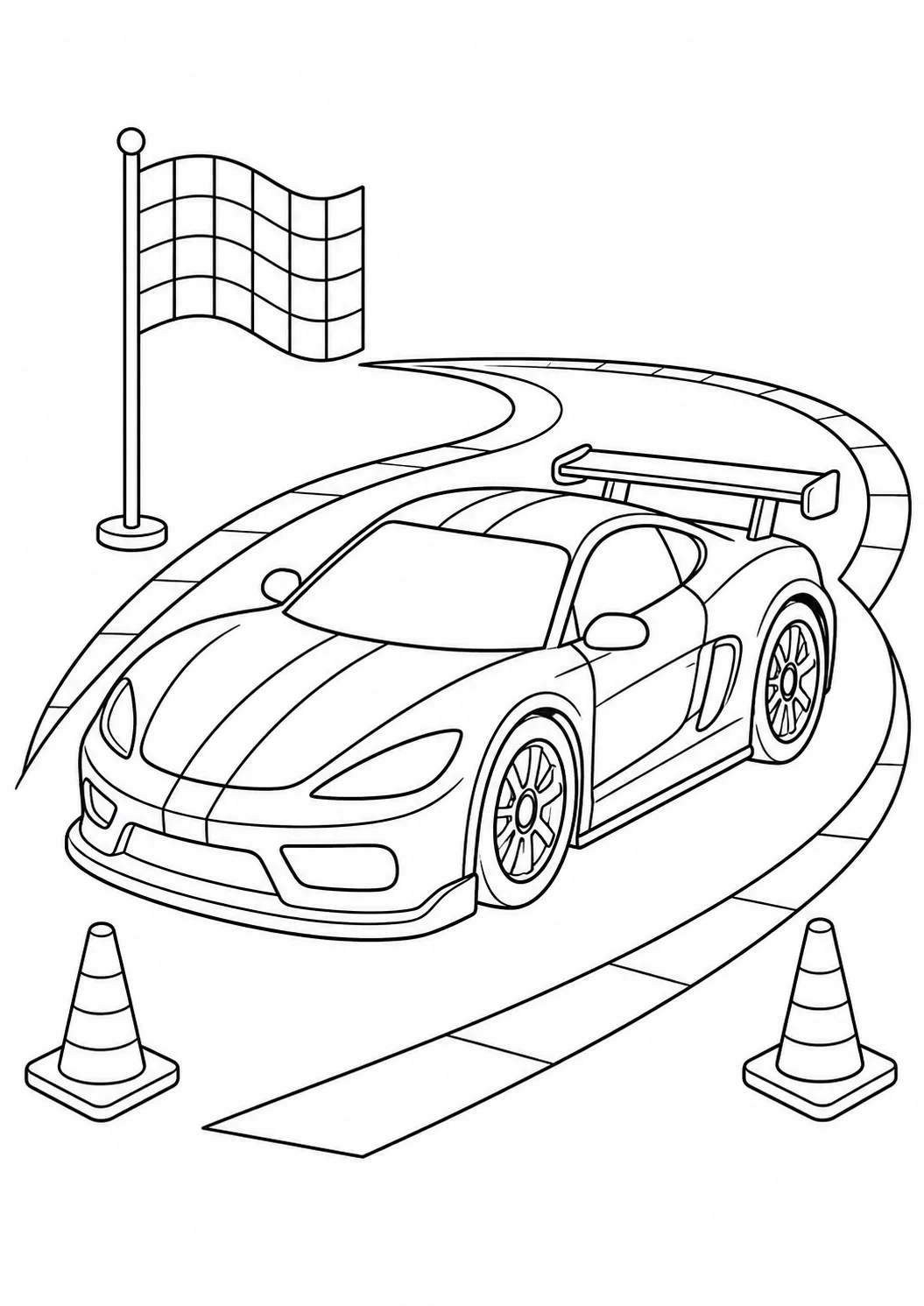Carro de corrida genérico em uma pista com cones e bandeira para colorir