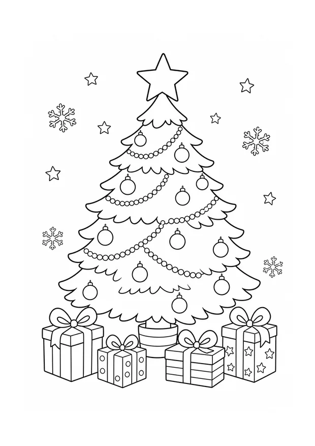 Árvore de Natal com estrela, bolas, festões, flocos e quatro presentes para colorir