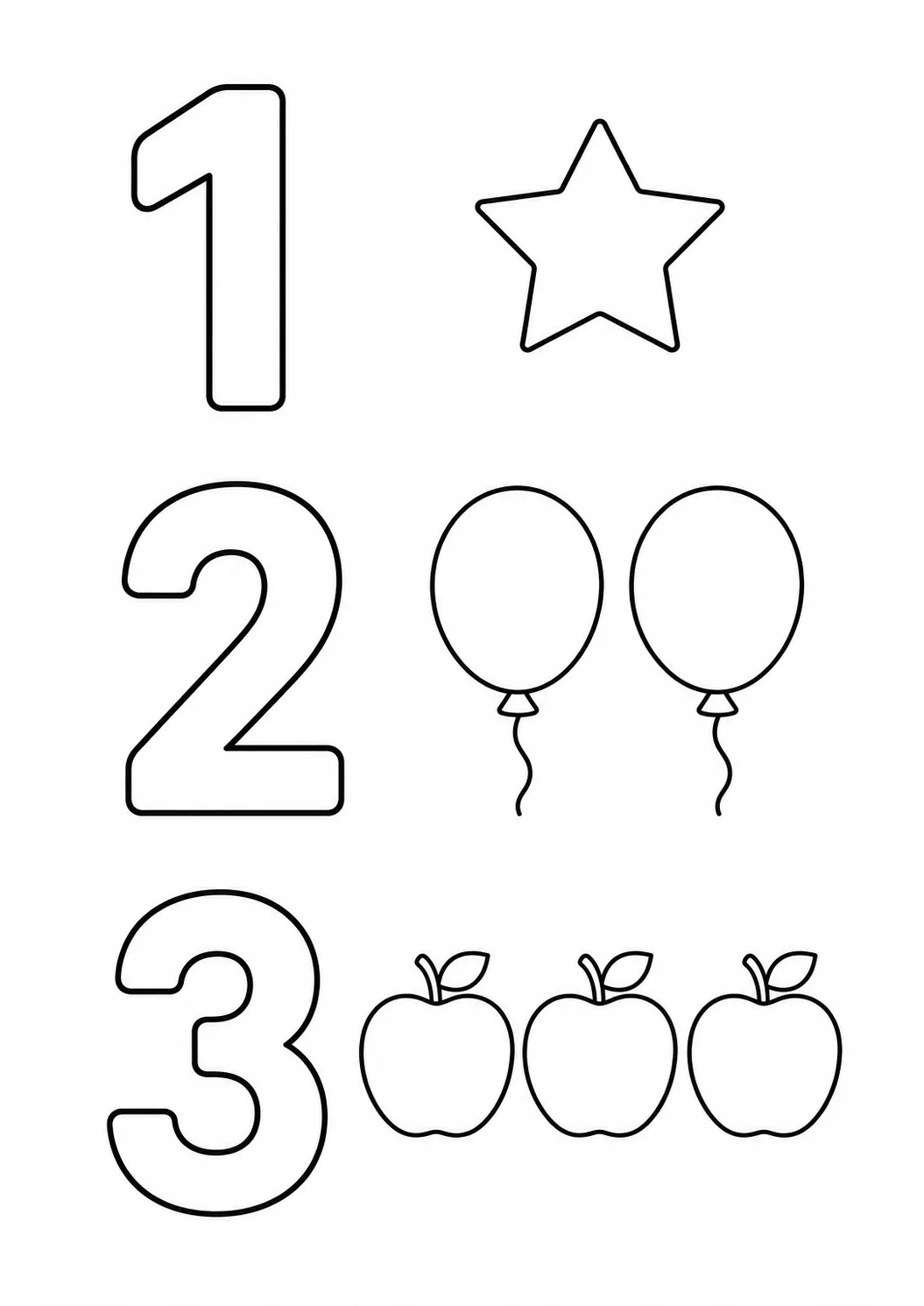 Números 1, 2 e 3 com uma estrela, dois balões e três maçãs para colorir