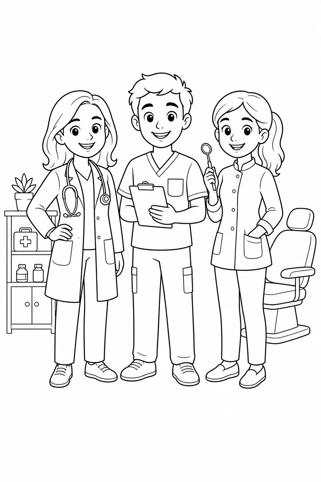 Médica, enfermeiro e dentista com instrumentos de trabalho para colorir