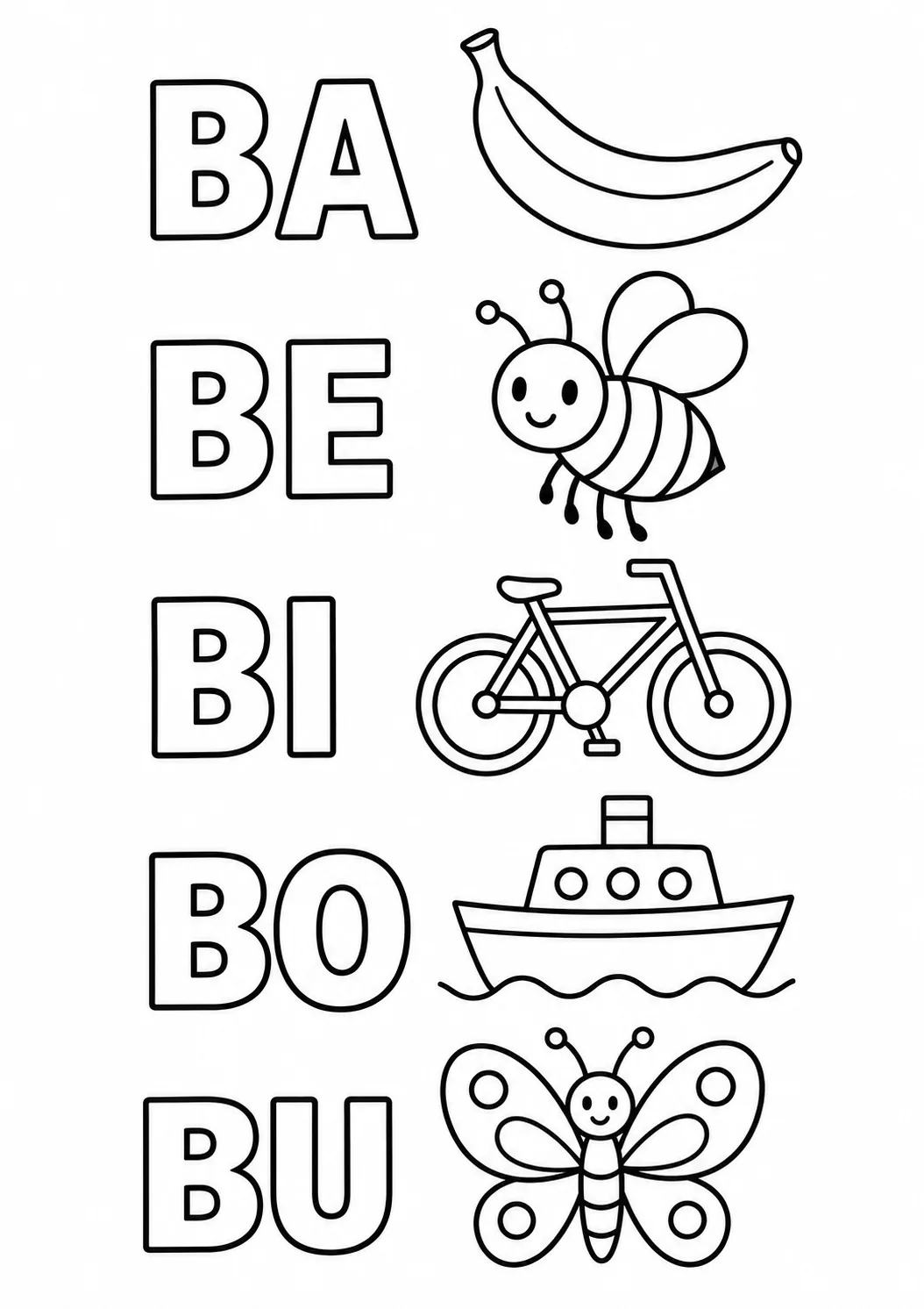 Família silábica BA BE BI BO BU em letras grandes com banana, abelha, bicicleta, barco e borboleta