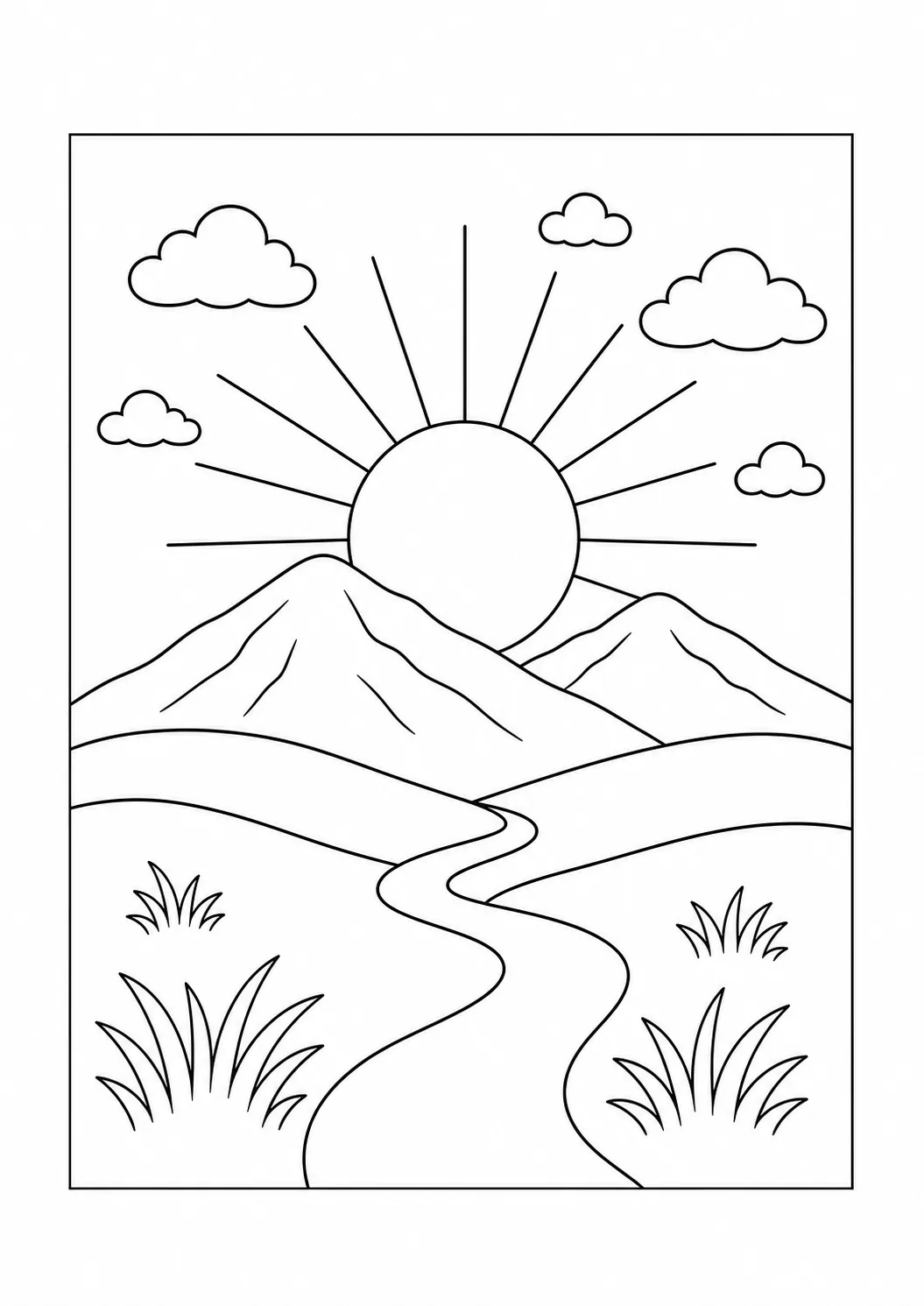 Sol nascendo atrás de montanhas com caminho e capim para colorir