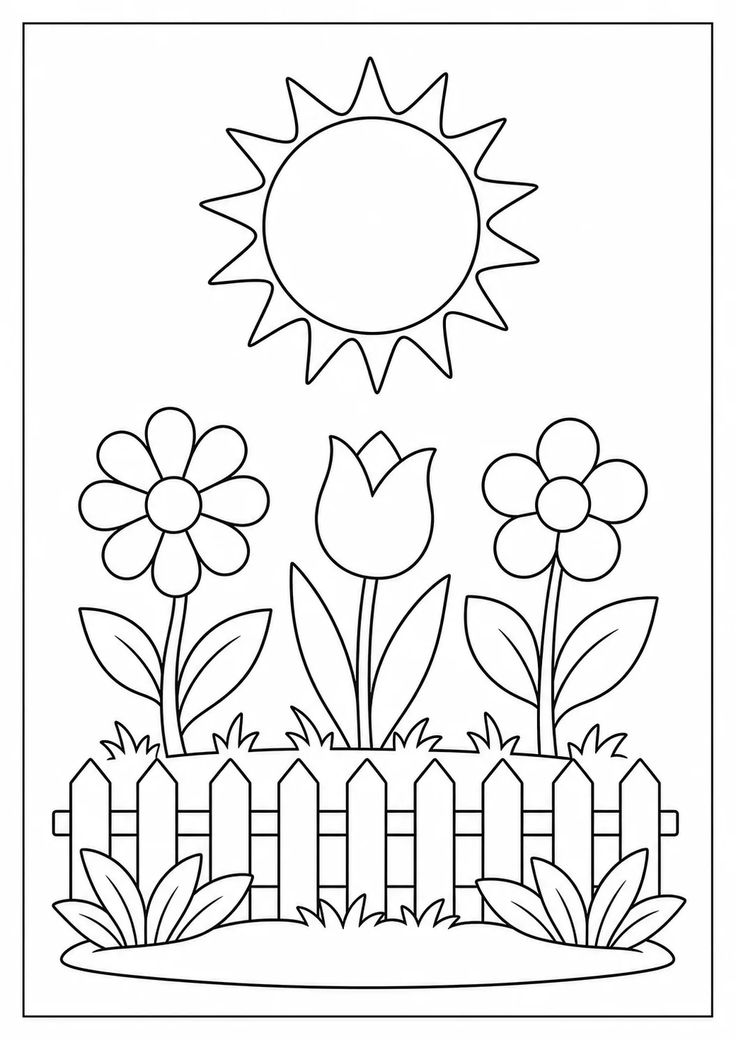 Sol sobre jardim com três flores, folhas e cerca para colorir