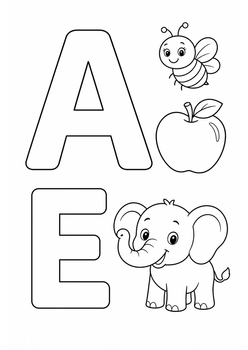 Vogais A e E com abelha, maçã e elefante para colorir